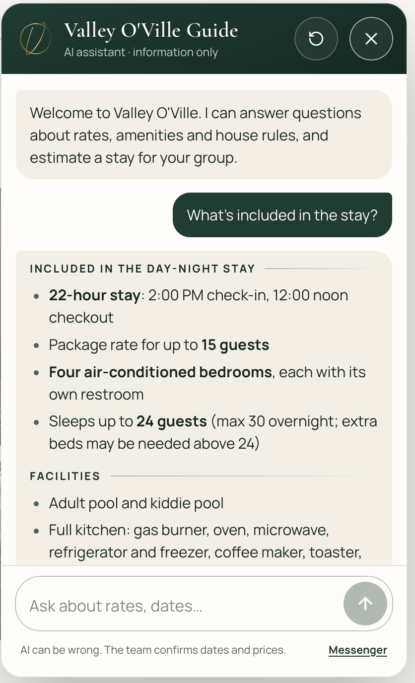 The Valley O'Ville Guide chatbot on valleyoville.com answering a guest's question about what is included in the stay