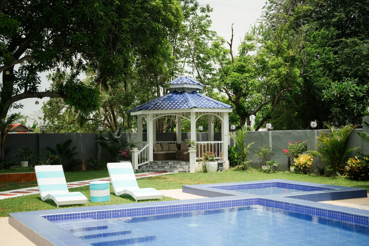 The garden gazebo beside the pools
